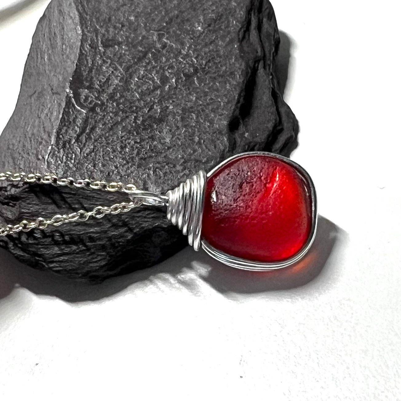 Large Very Rare Red and Orange Seaham Sea Glass Pendant
