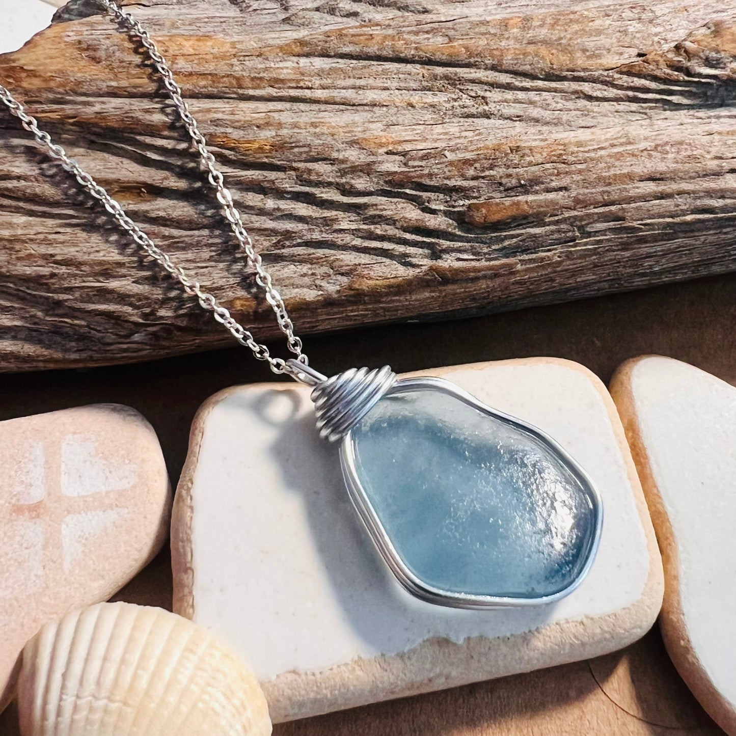 Large Dusky Blue Seaham Sea Glass Pendant