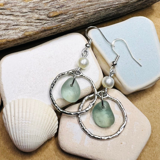 Aqua Sea Glass Frame & Pearl Earrings