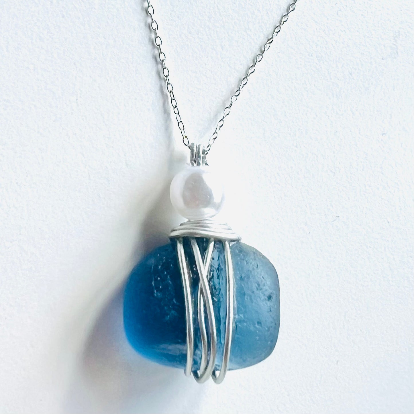 Large Chunky Blue Seaham Sea Glass Pebble Pendant