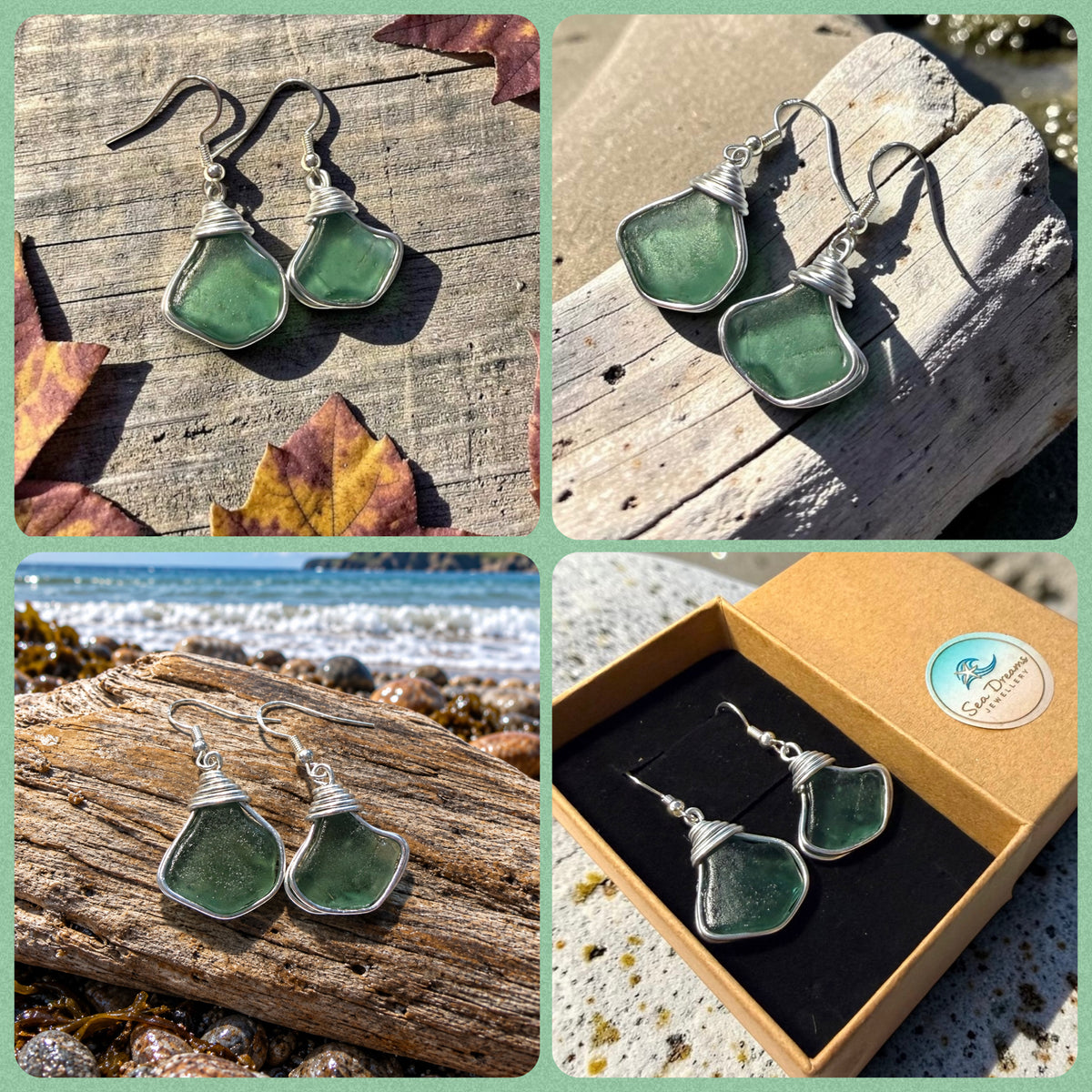Turquoise Green Seaham Sea Glass Earrings