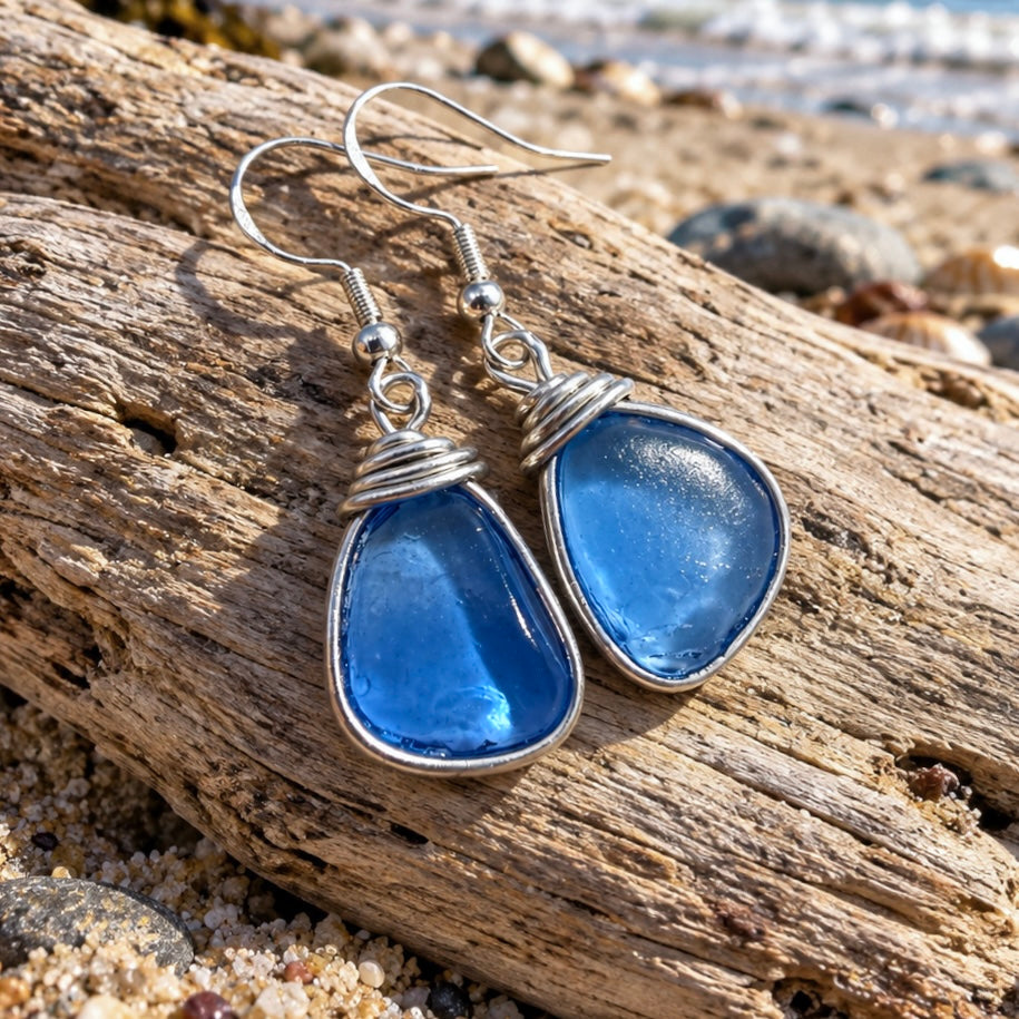 Canary Island Mid Blue Sea Glass Earrings