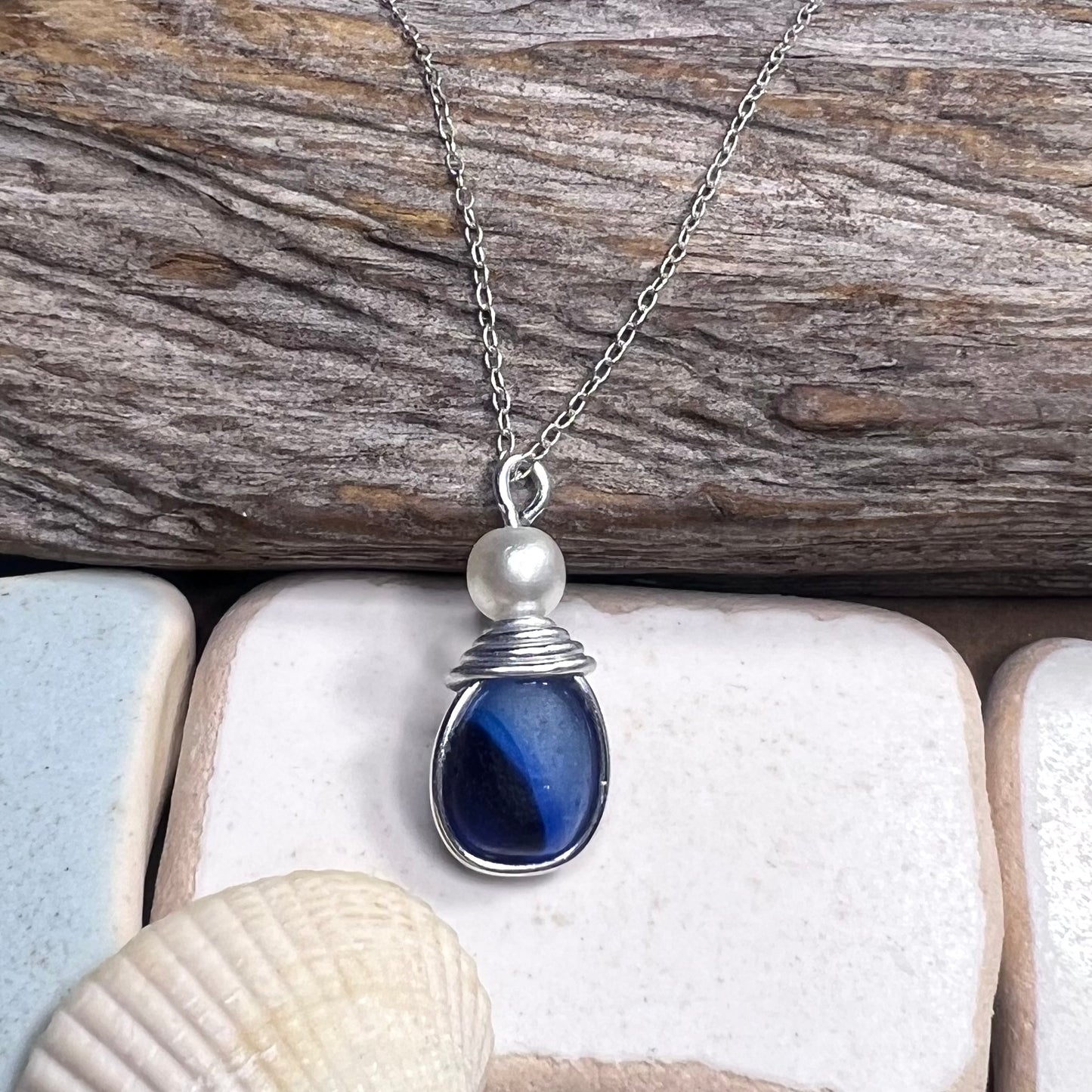 Seaham Sea Glass Multi Tone Blues  Pendant