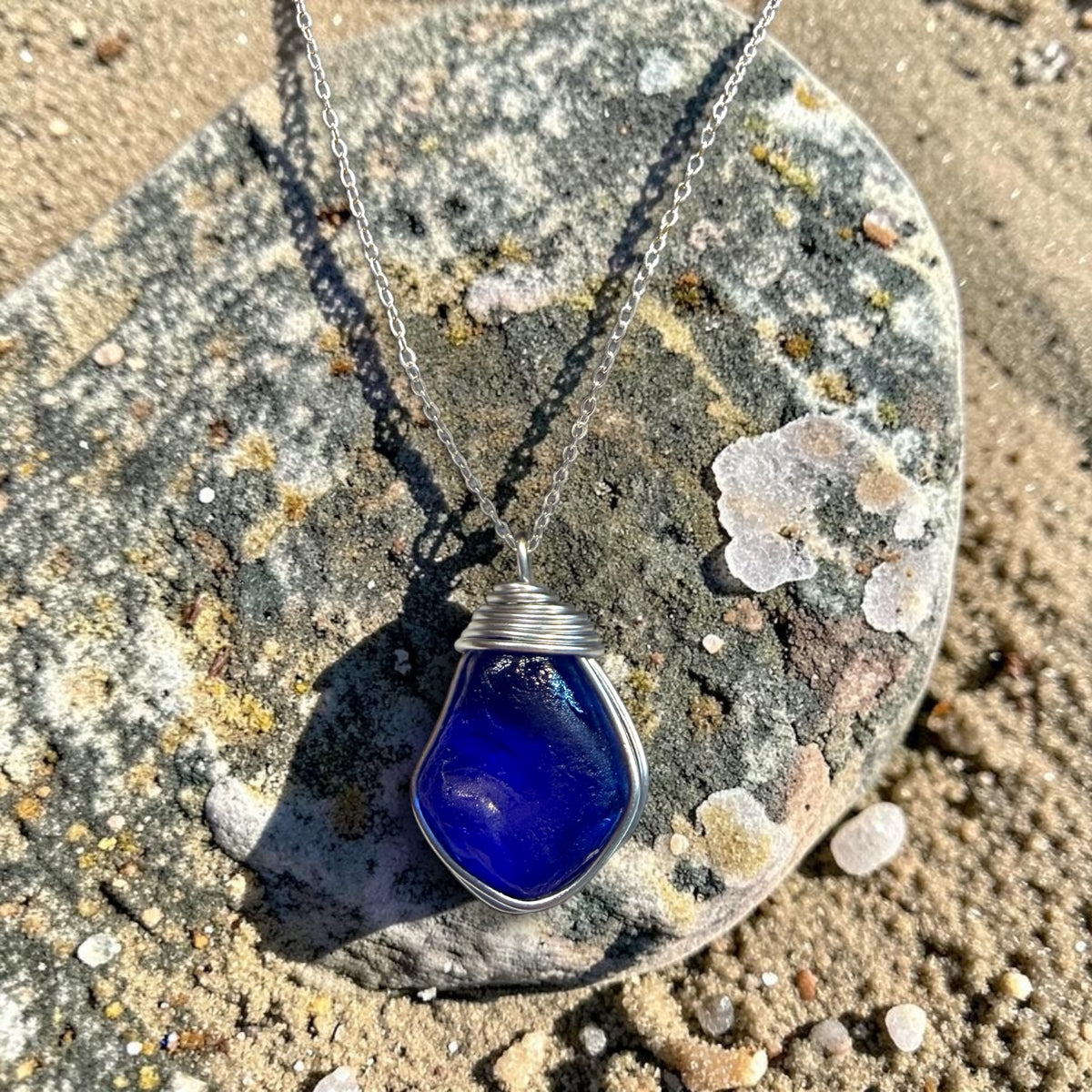 Very Large Deep Blue Nugget of Seaham Sea Glass Pendant