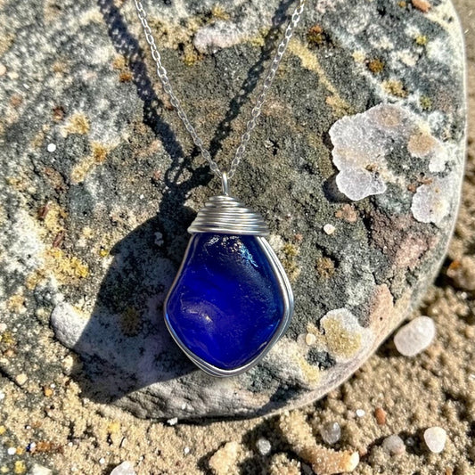 Very Large Deep Blue Nugget of Seaham Sea Glass Pendant