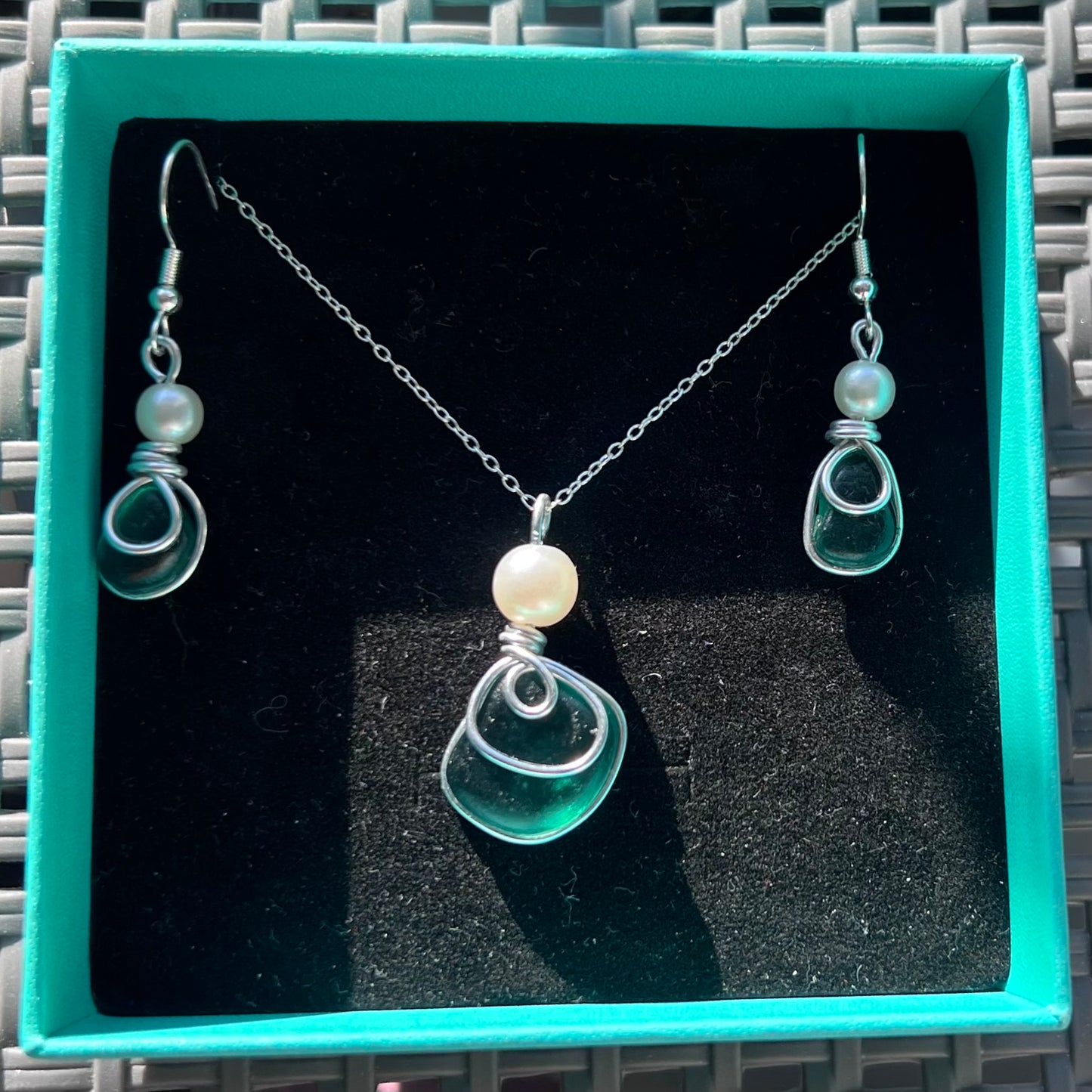 Turquoise Green Seaham Sea Glass Jewellery Set