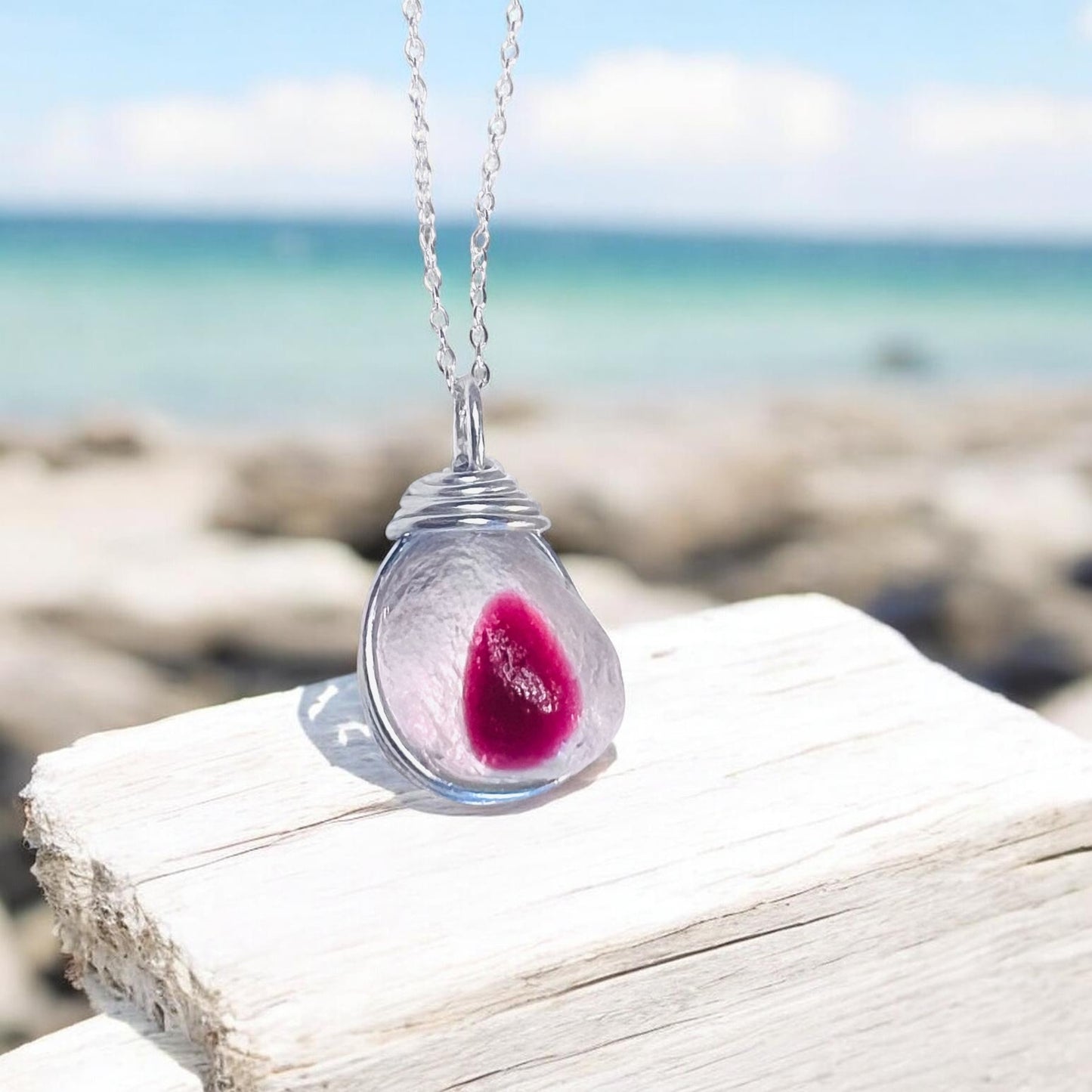 Large Pink & White Seaham Sea Glass Multi Pendant
