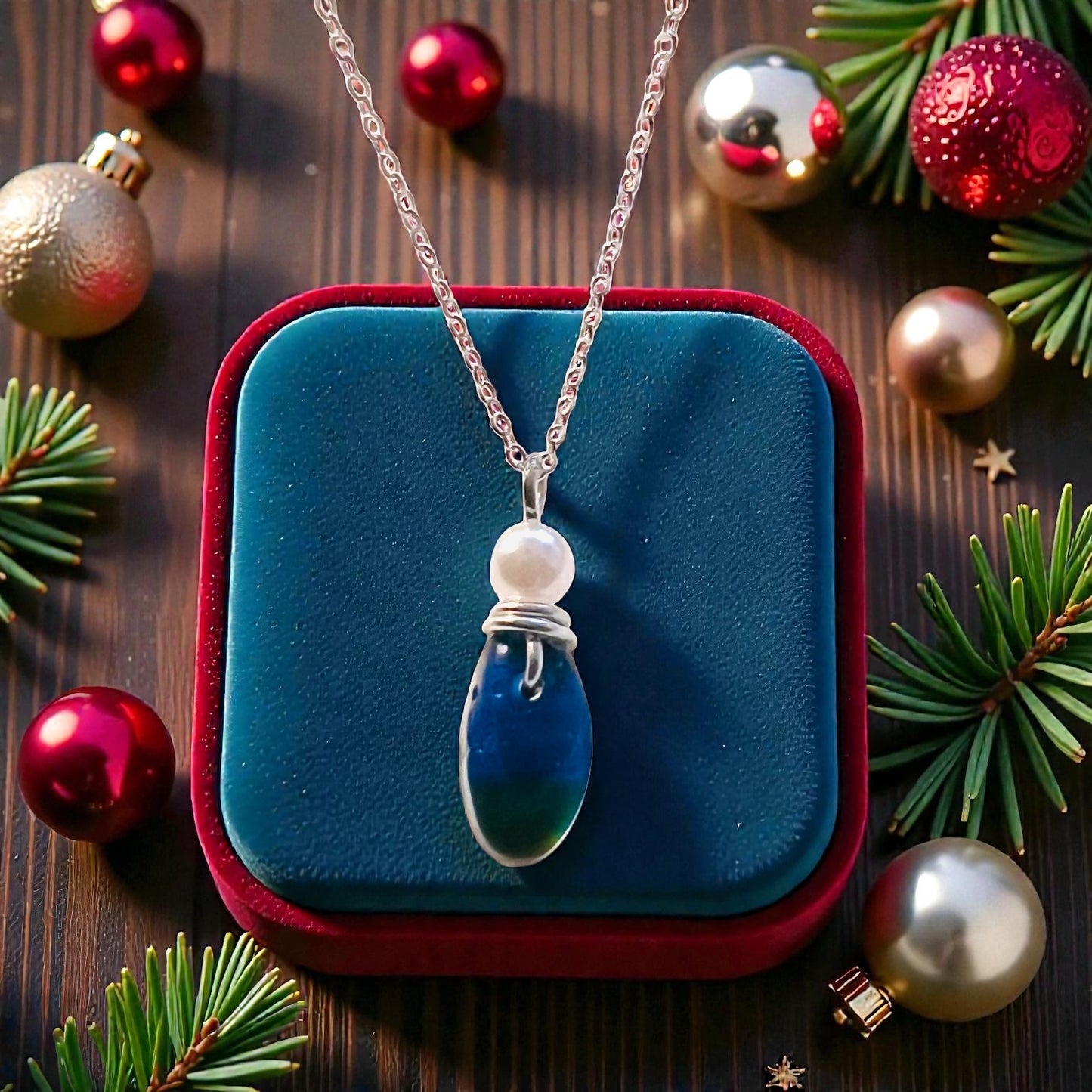 Deep Blue and Green Seaham Sea Glass Multi Pendant