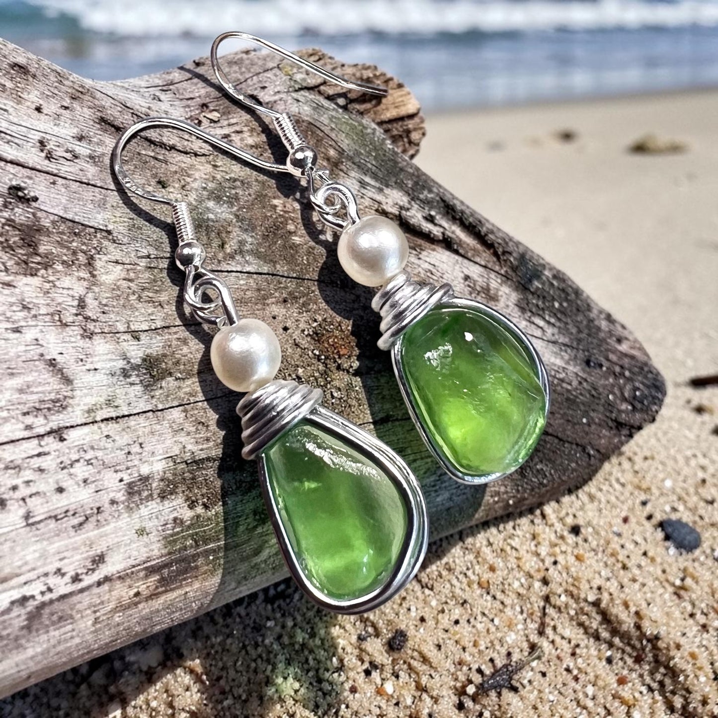 Bright Green Seaham Sea Glass Earrings