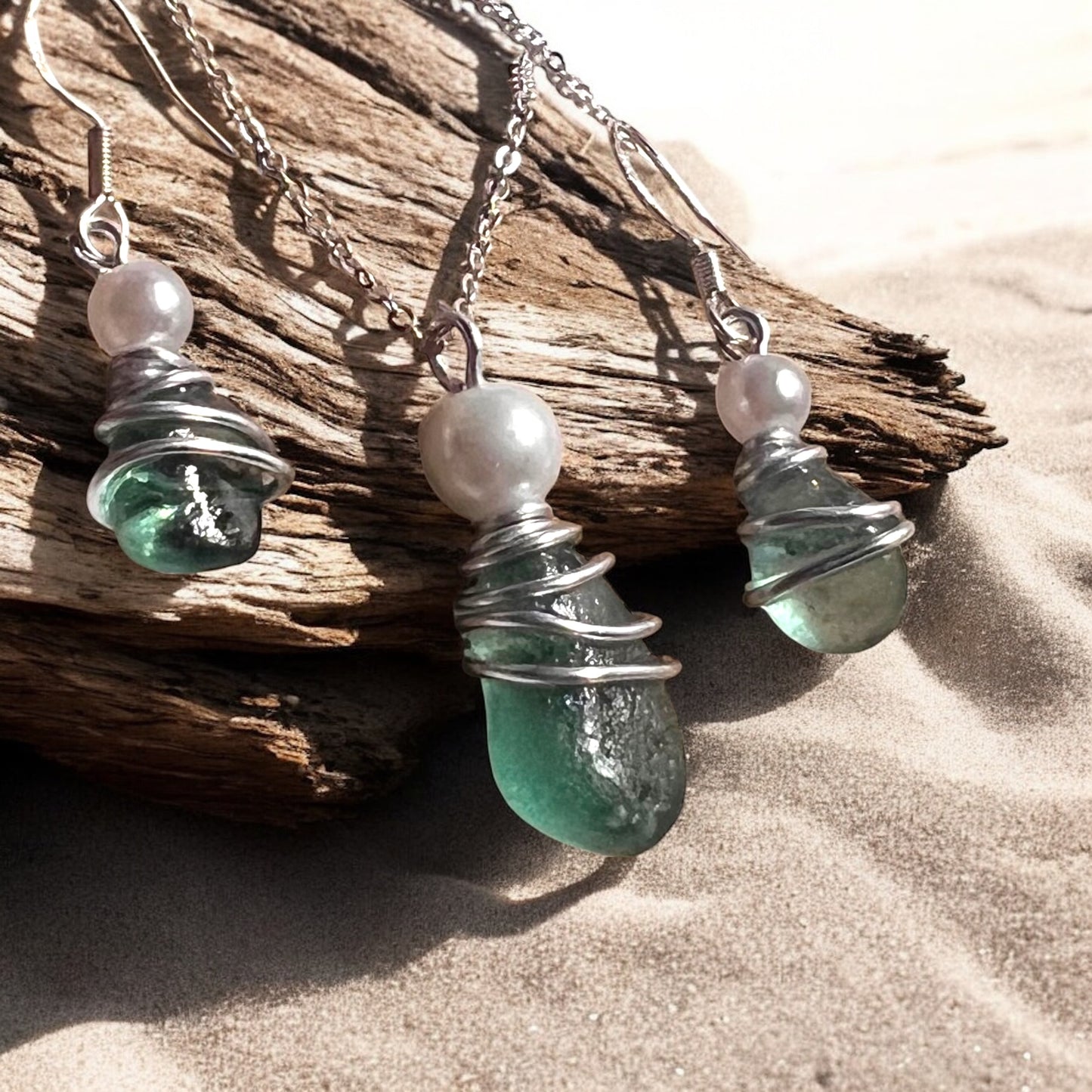 Turquoise Green Seaham Sea Glass Jewellery Set