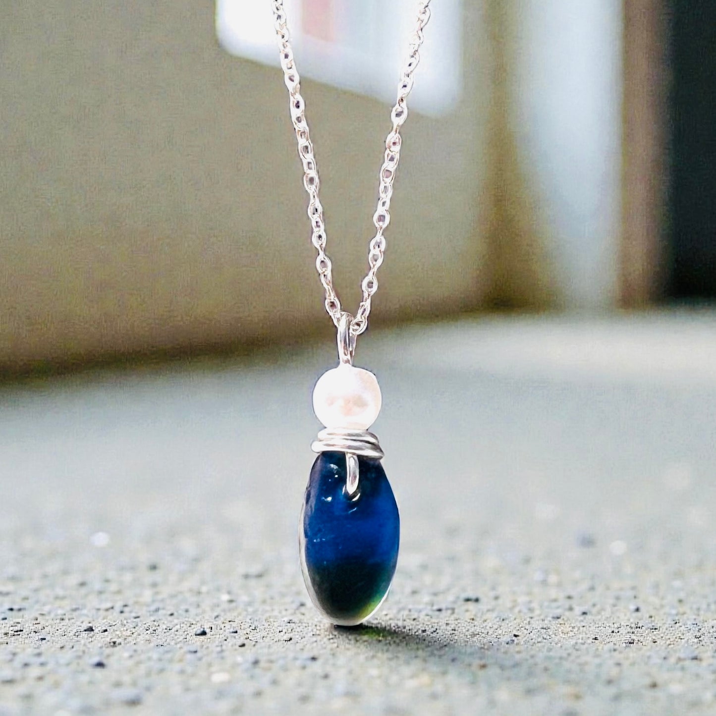 Deep Blue and Green Seaham Sea Glass Multi Pendant