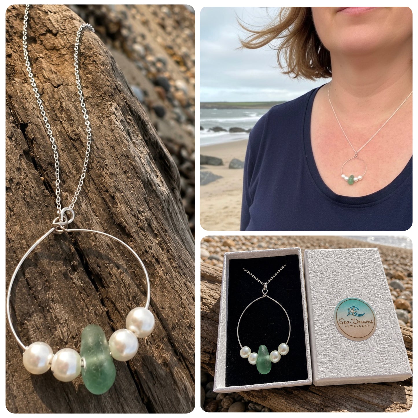 Large Aqua Seaham Sea Glass Frame Pendant