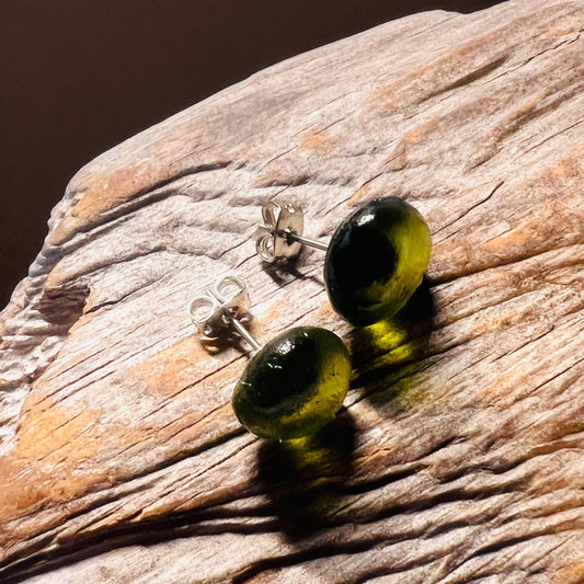 Olive Green Seaham Glass Stud Earrings