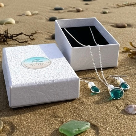 Turquoise Green Seaham Sea Glass Jewellery Set