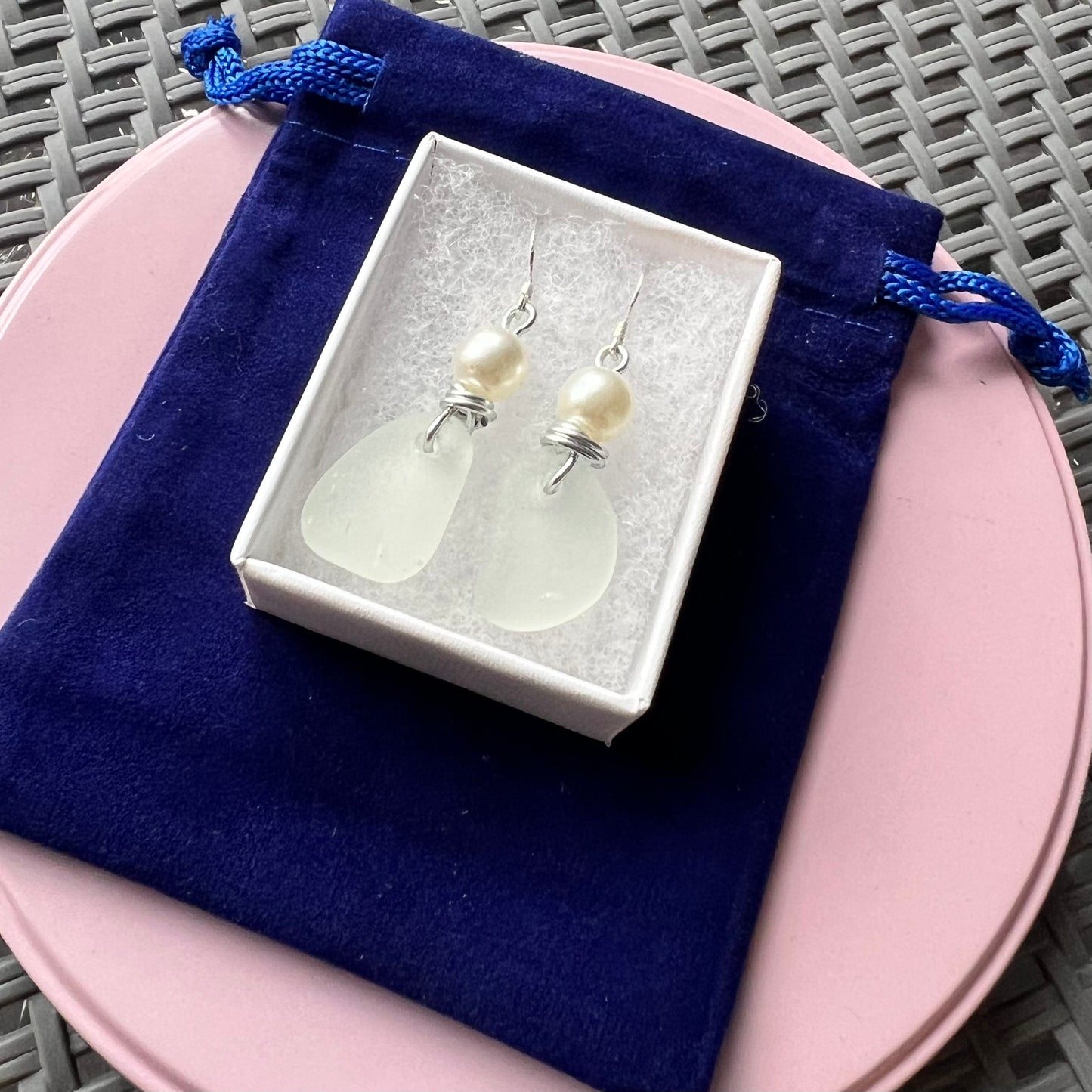 Frosty White Seaham Sea Glass Heart Earrings