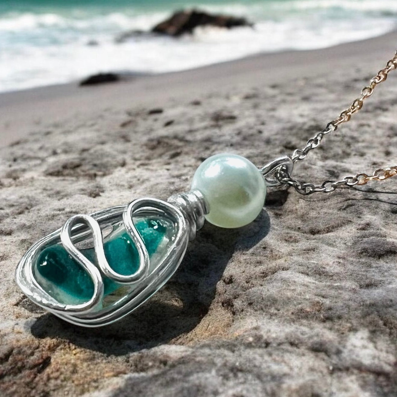 Turquoise Seaham Sea Glass Multi Waves Pendant