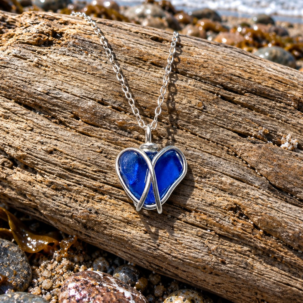 Deep Blue Seaham Sea Glass Heart Pendant