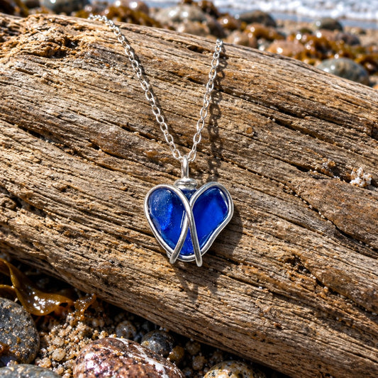 Deep Blue Seaham Sea Glass Heart Pendant