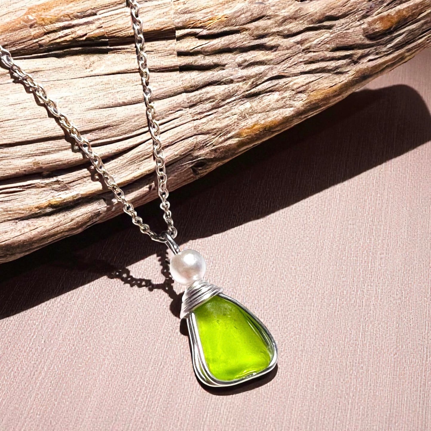 Rare Neon Bright Lime Green Seaham Sea Glass Pendant