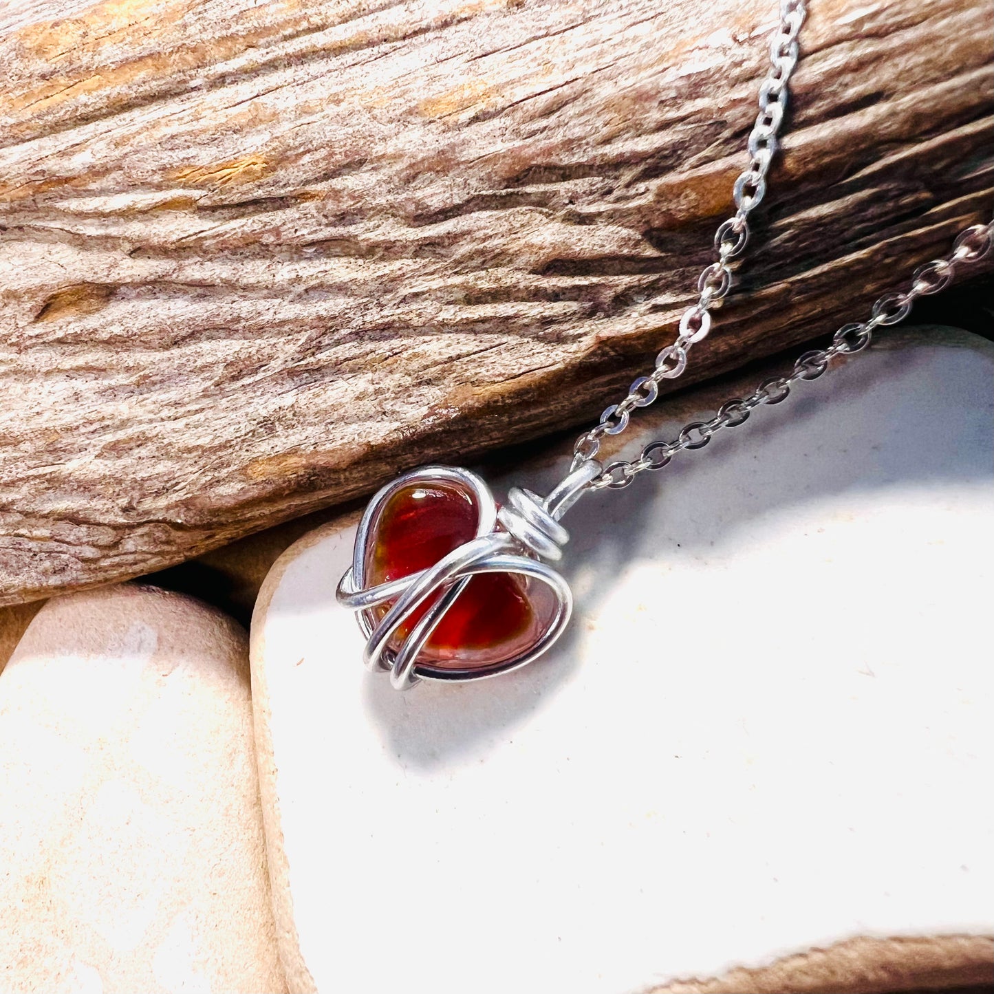 Small Rare Orange Tones Seaham Sea Glass Heart Pendant