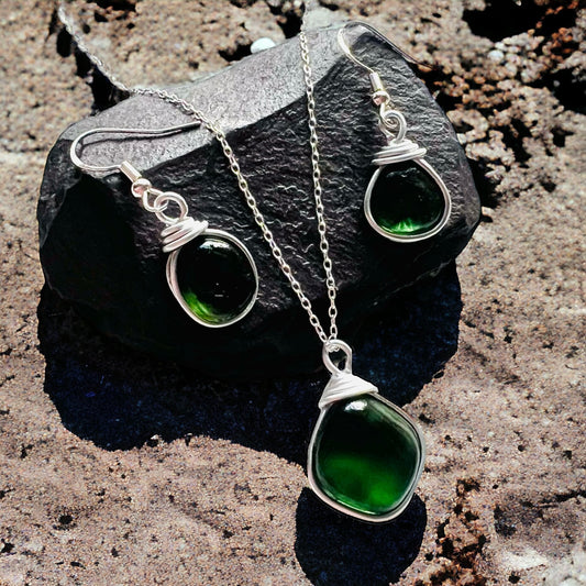 Deep Turquoise Green Seaham Sea Glass Jewellery Set