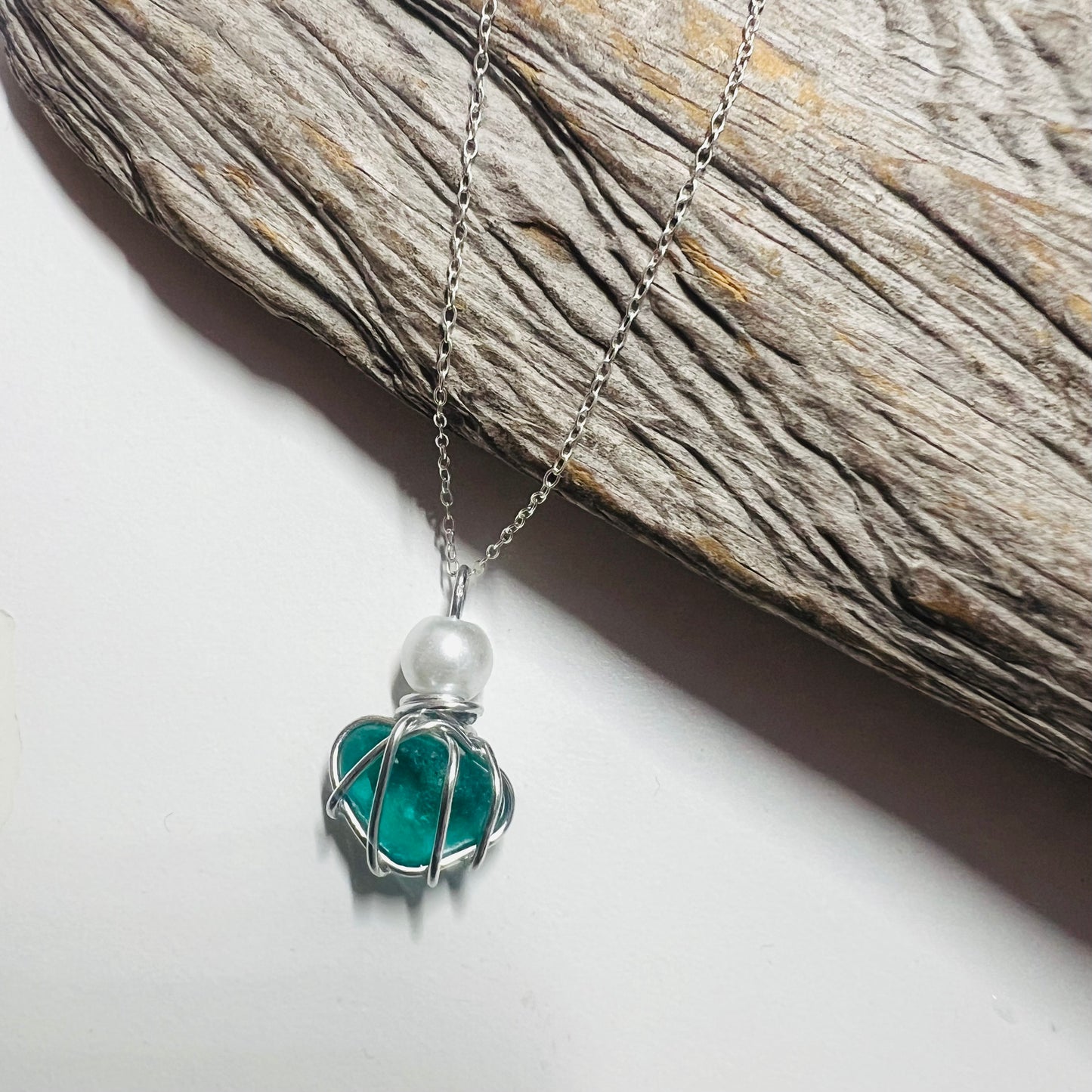 Turquoise Seaham Sea Glass and Glass Pearl Pendant