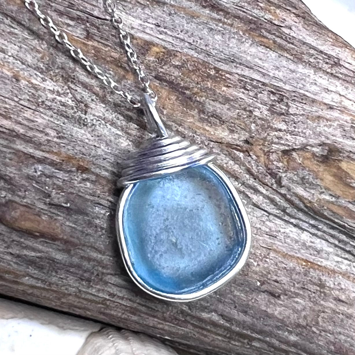 Bright Aqua Blue Seaham Sea Glass Pendant