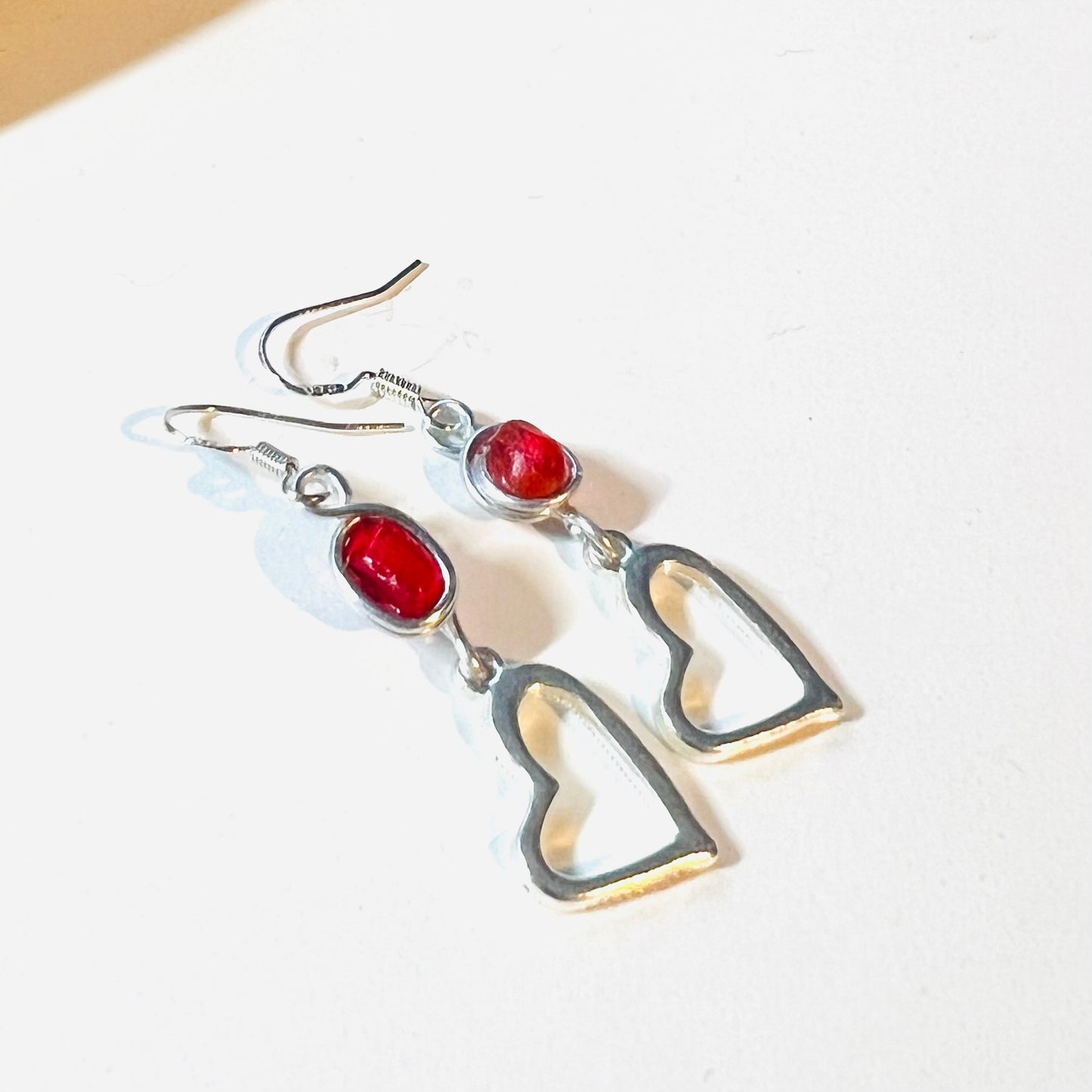 Red Sea Glass and Heart Dangly Earrings