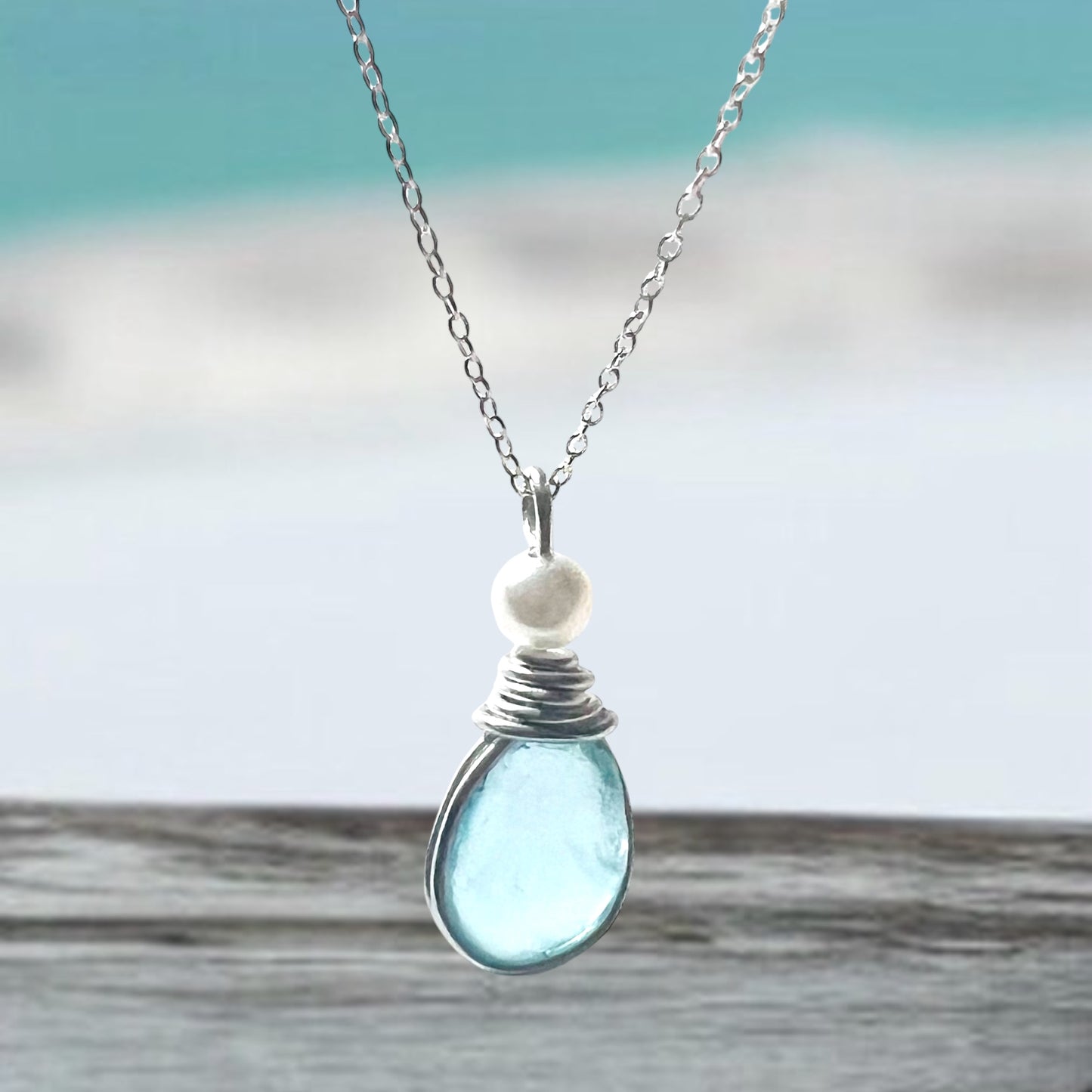 Pale Bright Blue Seaham Sea Glass Pendant