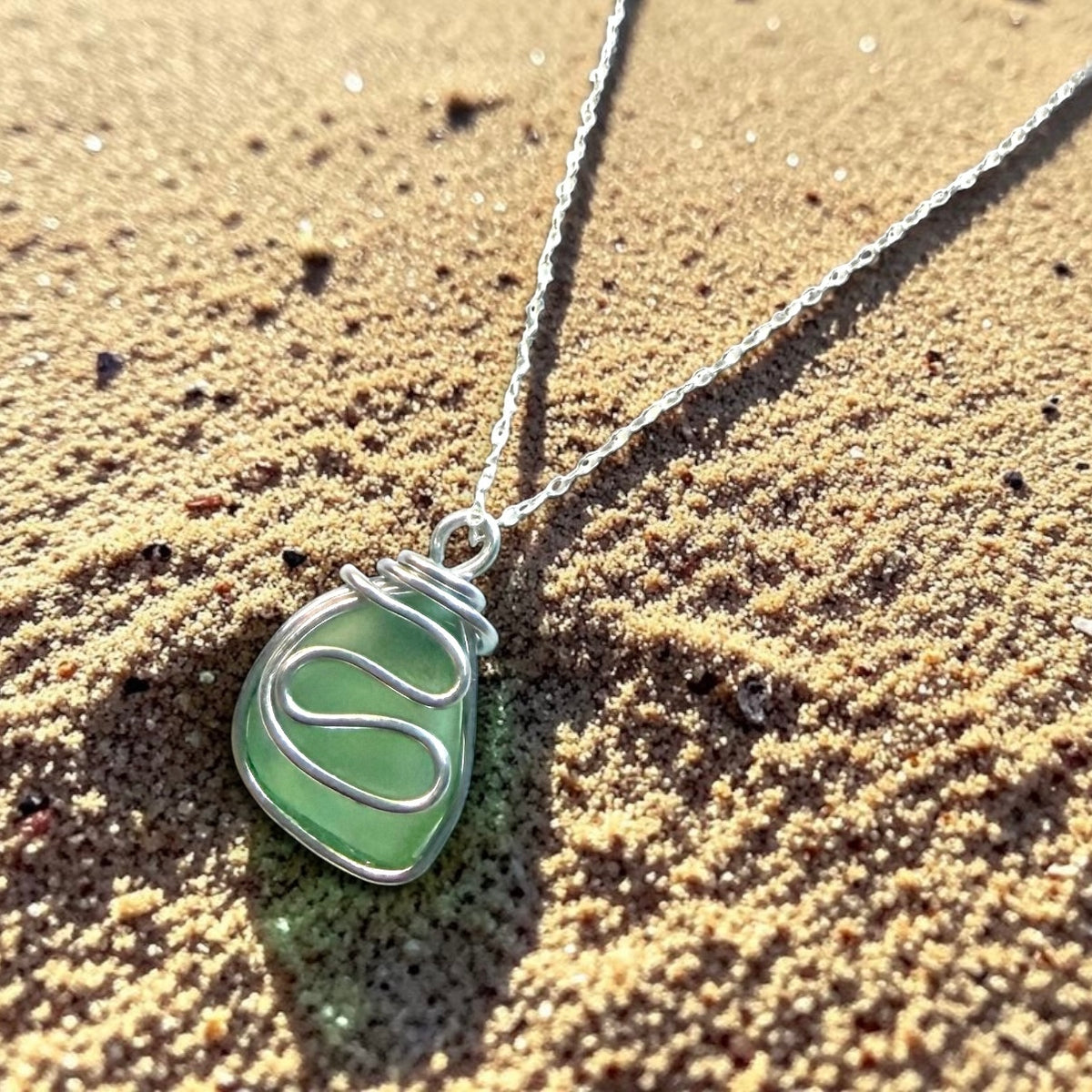 Pale Green Seaham Sea Glass Waves Pendant