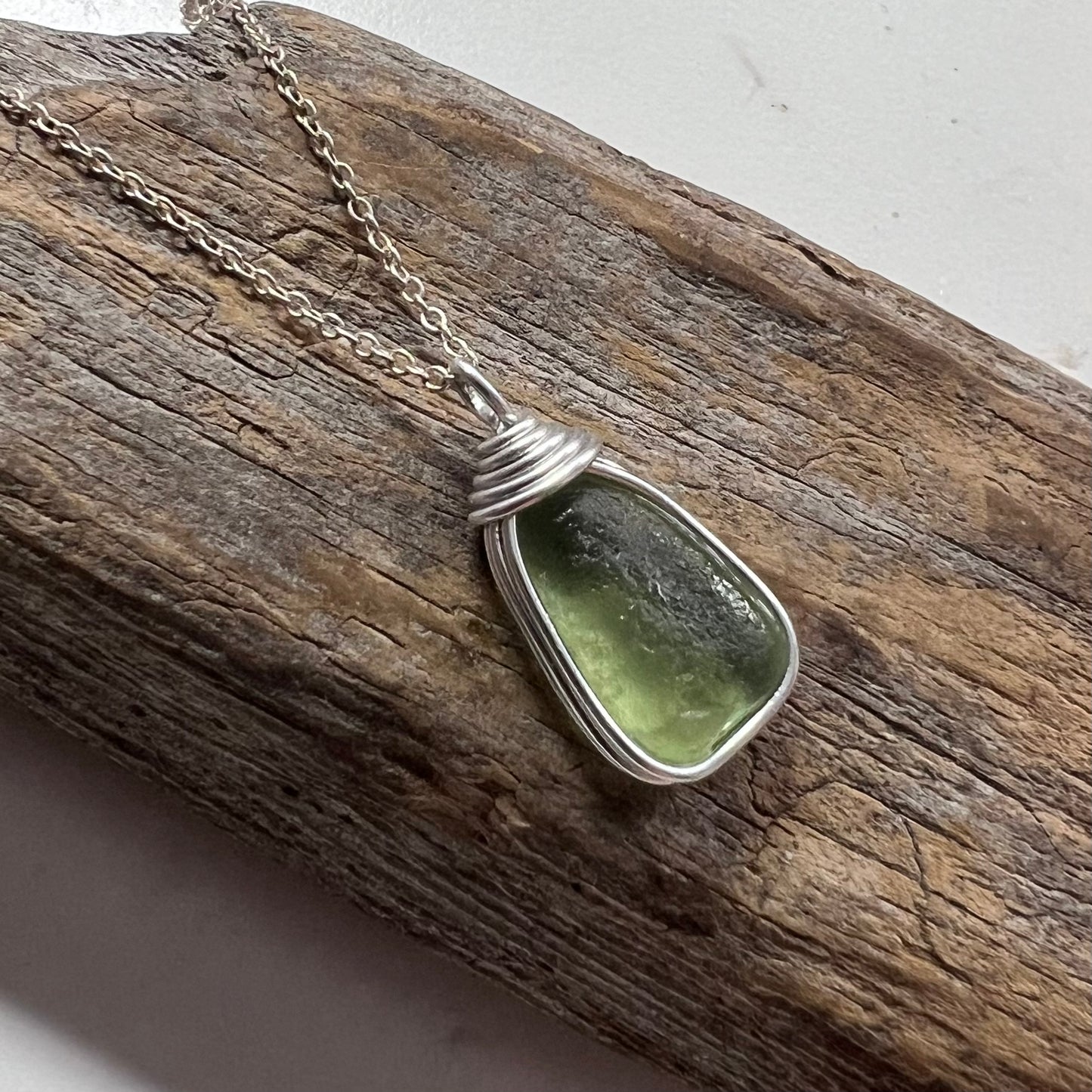 Lime Green Seaham Sea Glass and Glass Pearl Pendant