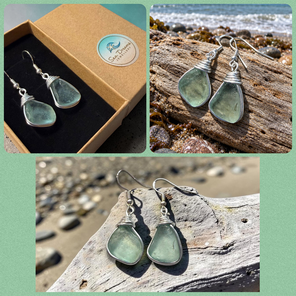 Pale Aqua Green Seaham Sea Glass Earrings