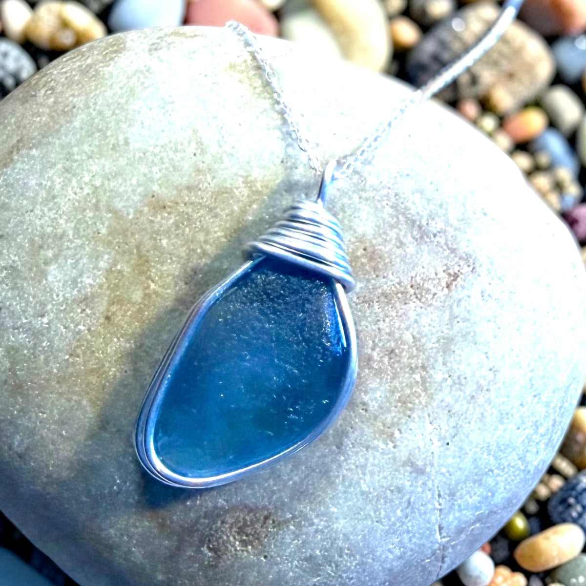 Large Mid Blue Seaham Sea Glass Pendant