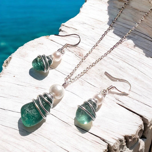 Turquoise Green Seaham Sea Glass Jewellery Set