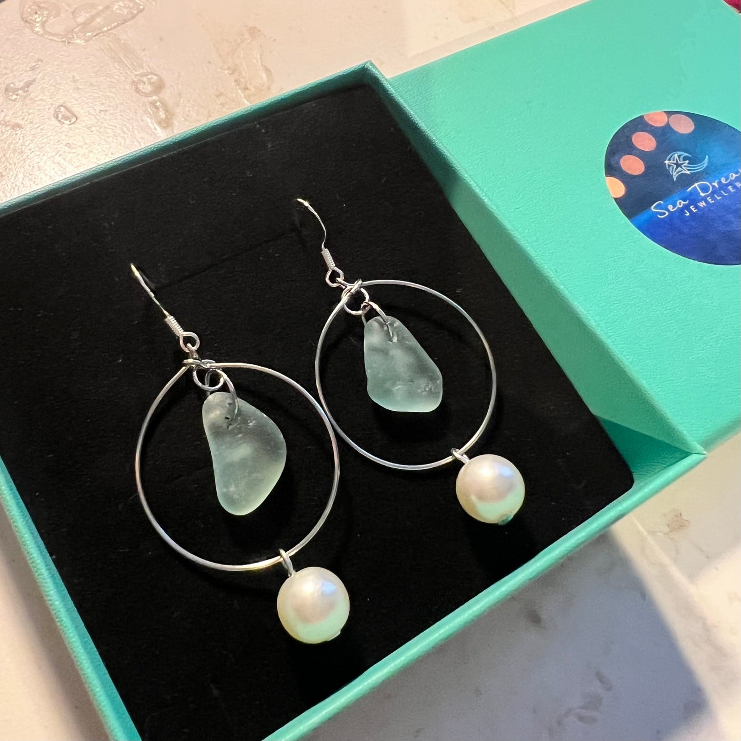 Statement Seaham Sea Glass and Glass Pearl Earrings
