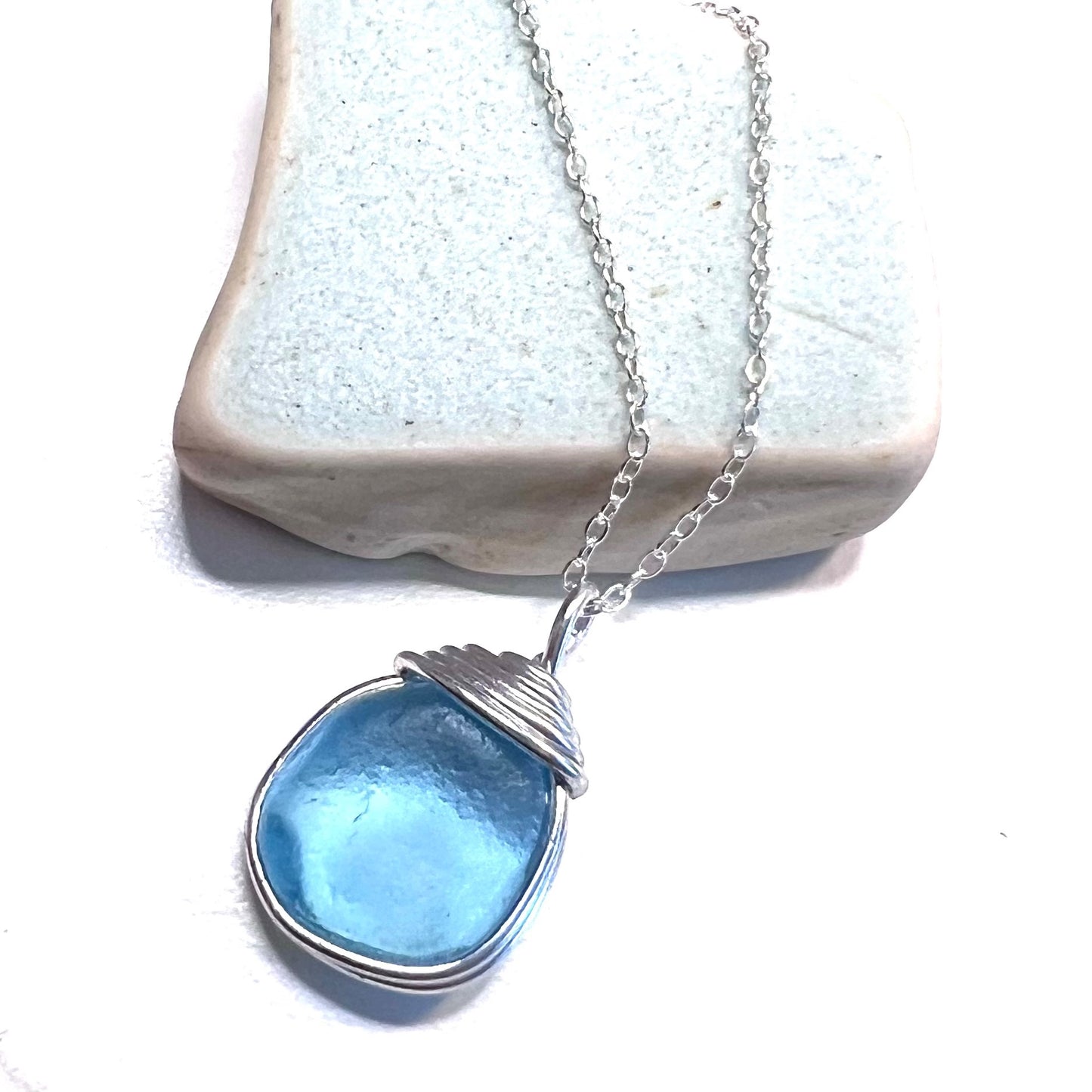 Bright Aqua Blue Seaham Sea Glass Pendant