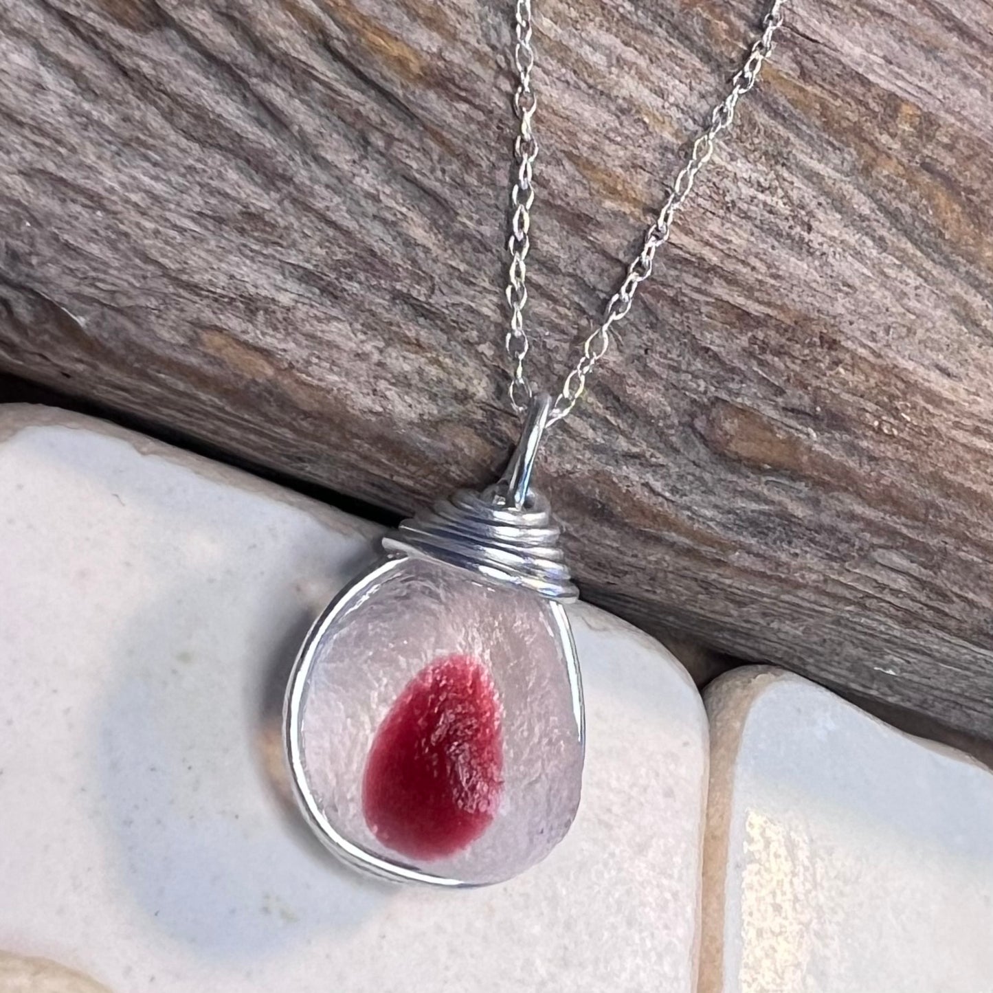 Large Pink & White Seaham Sea Glass Multi Pendant