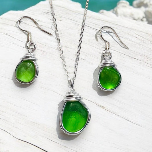 Canary Island Rare Bright Green Sea Glass Jewellery Set