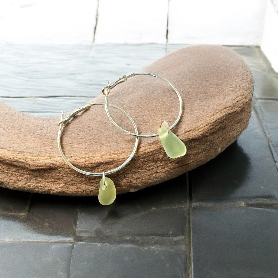 Pale Green Seaham Sea Glass Hoop Earrings