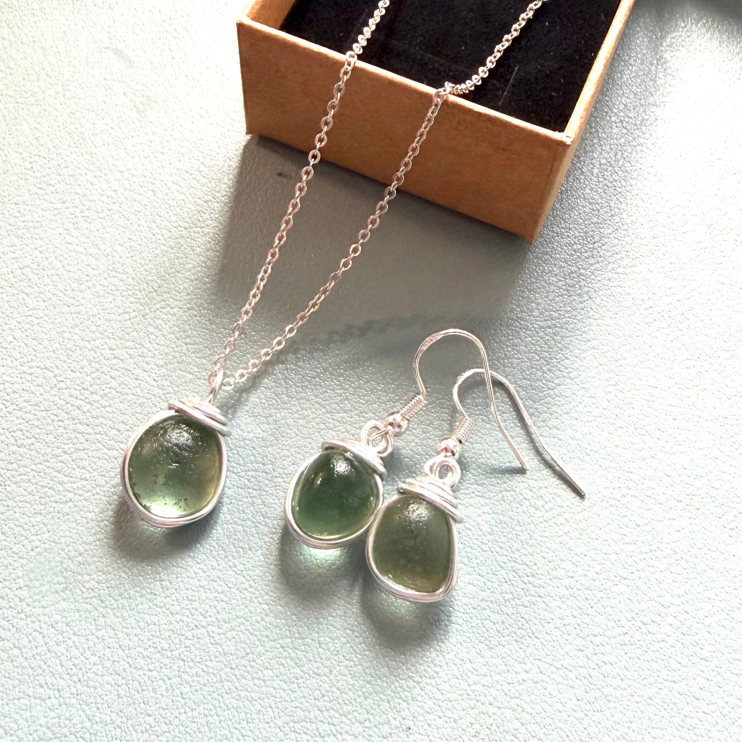 Pale Green Seaham Sea Glass Jewellery Set
