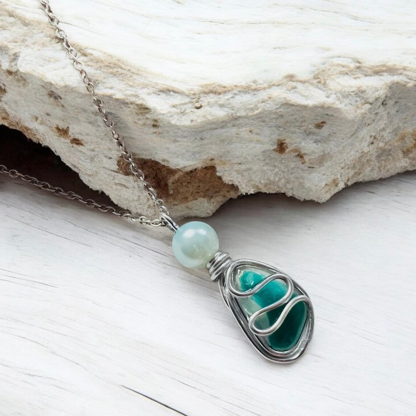 Turquoise Seaham Sea Glass Multi Waves Pendant