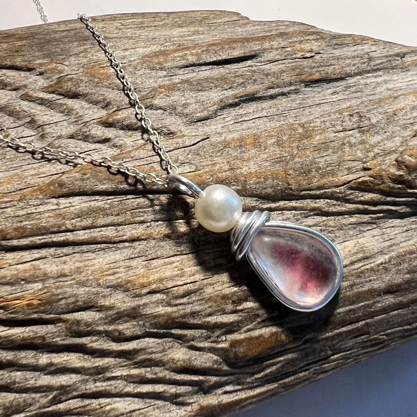 Pale Pink & White Seaham Sea Glass Multi Pendant