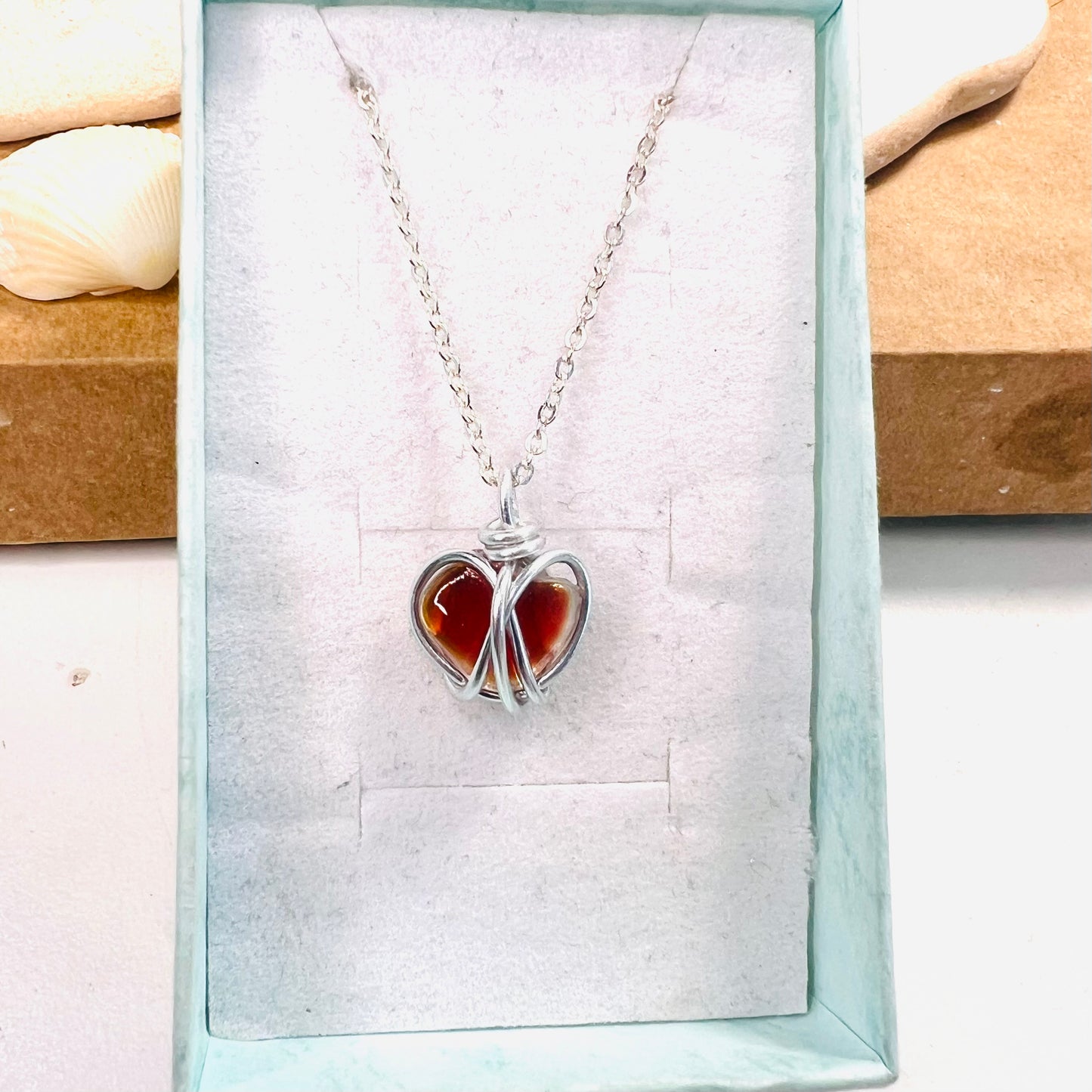 Small Rare Orange Tones Seaham Sea Glass Heart Pendant