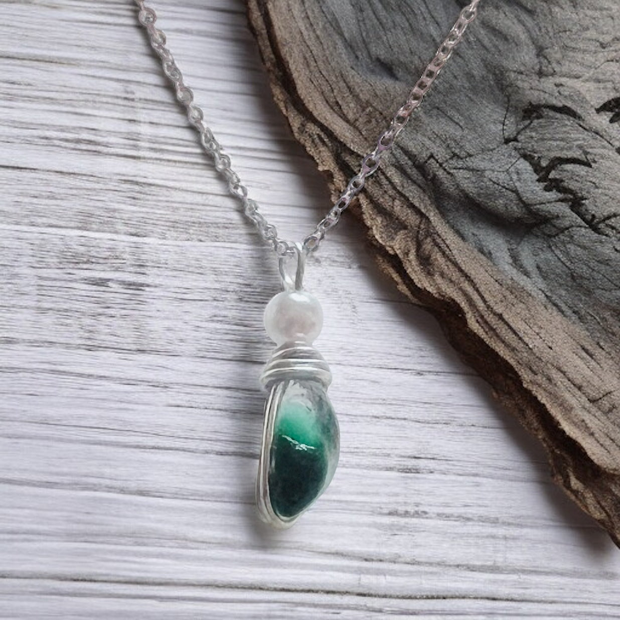 Seaham Sea Glass and Glass Pearl Pendant