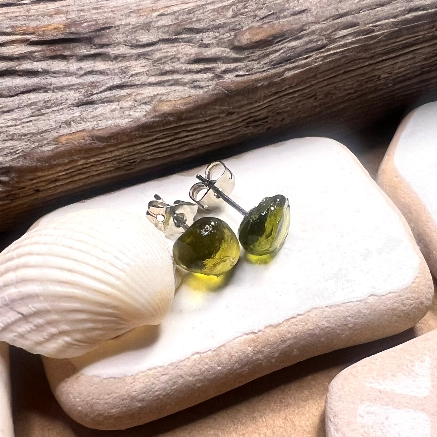 Green Seaham Sea Glass Stud Earrings