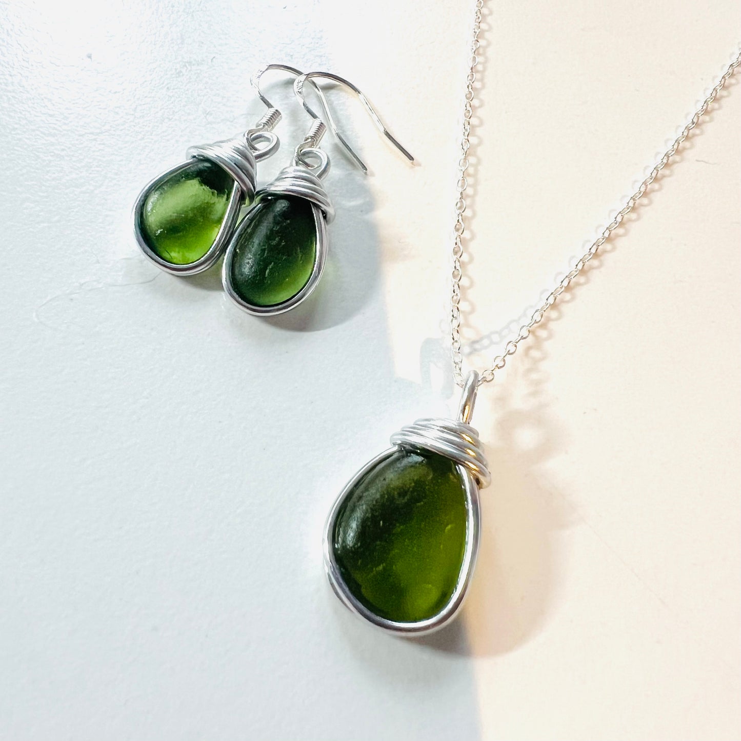 Green Seaham Sea Glass Jewellery Set