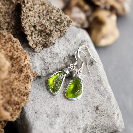 Rare Neon Green Seaham Sea Glass Stud Earrings
