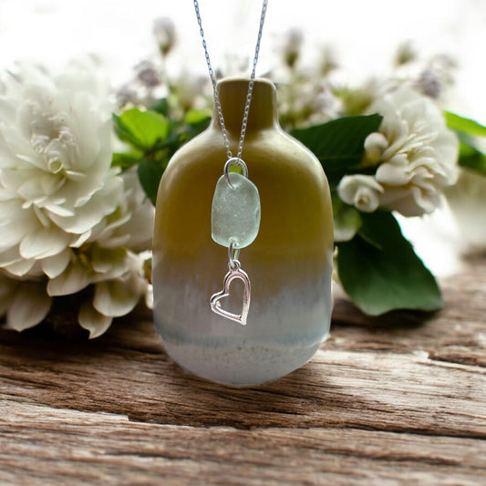 Cornish Sea Glass & Heart Charm Pendant
