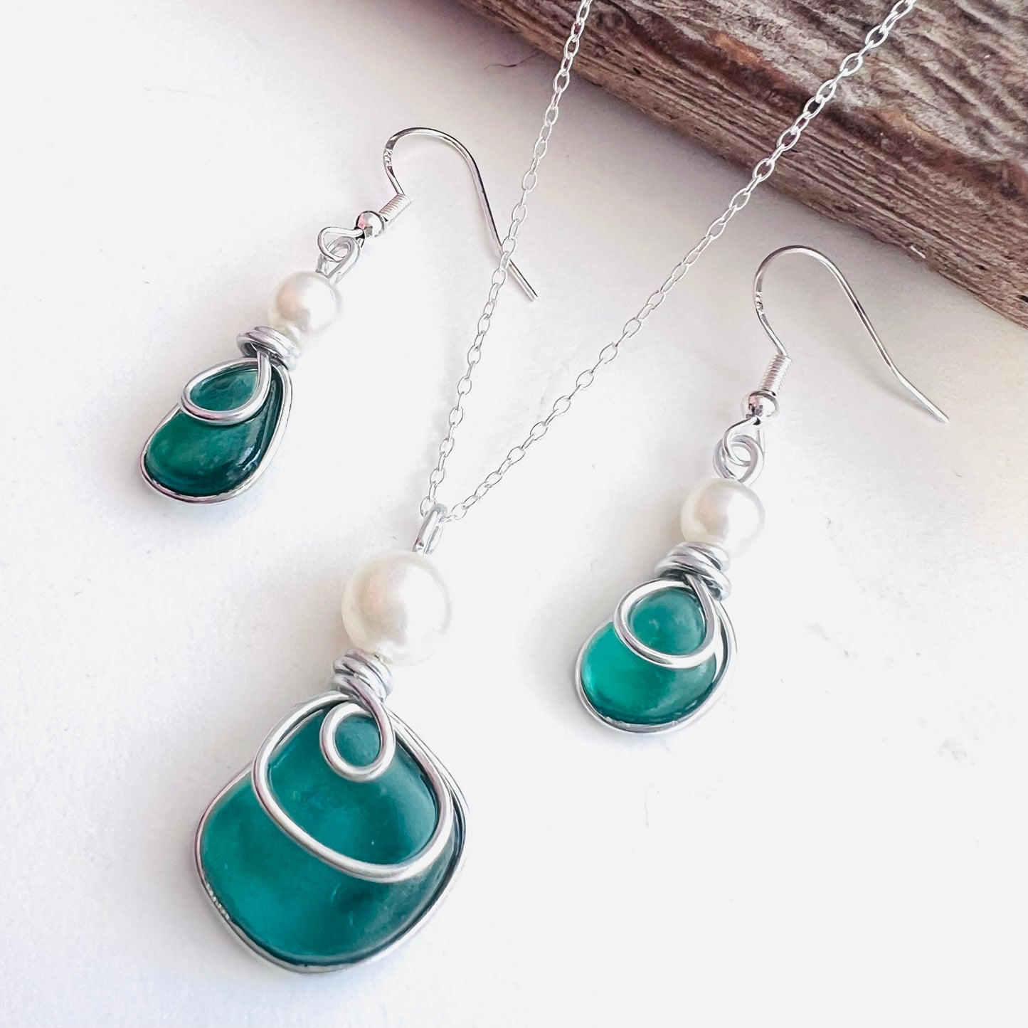 Turquoise Green Seaham Sea Glass Jewellery Set