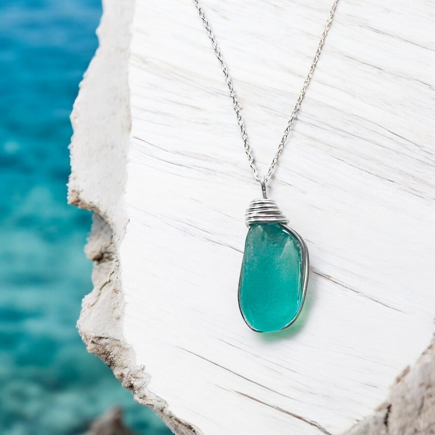 Large Bright Aqua Kent Sea Glass Pendant